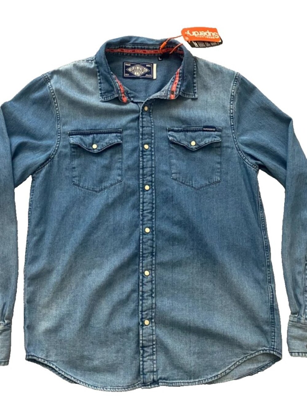 NWT Superdry Mens Large Blue Denim Pearl Snap Long Sleeve Western Work Shirt